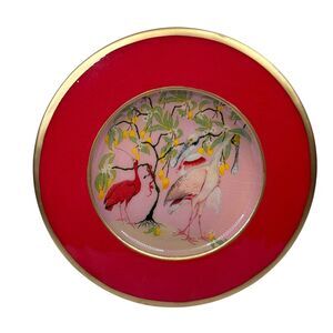 Jayes Studio Enamelware Collector Plate Birds & Lemon Tree Red & Gold Trim 8"